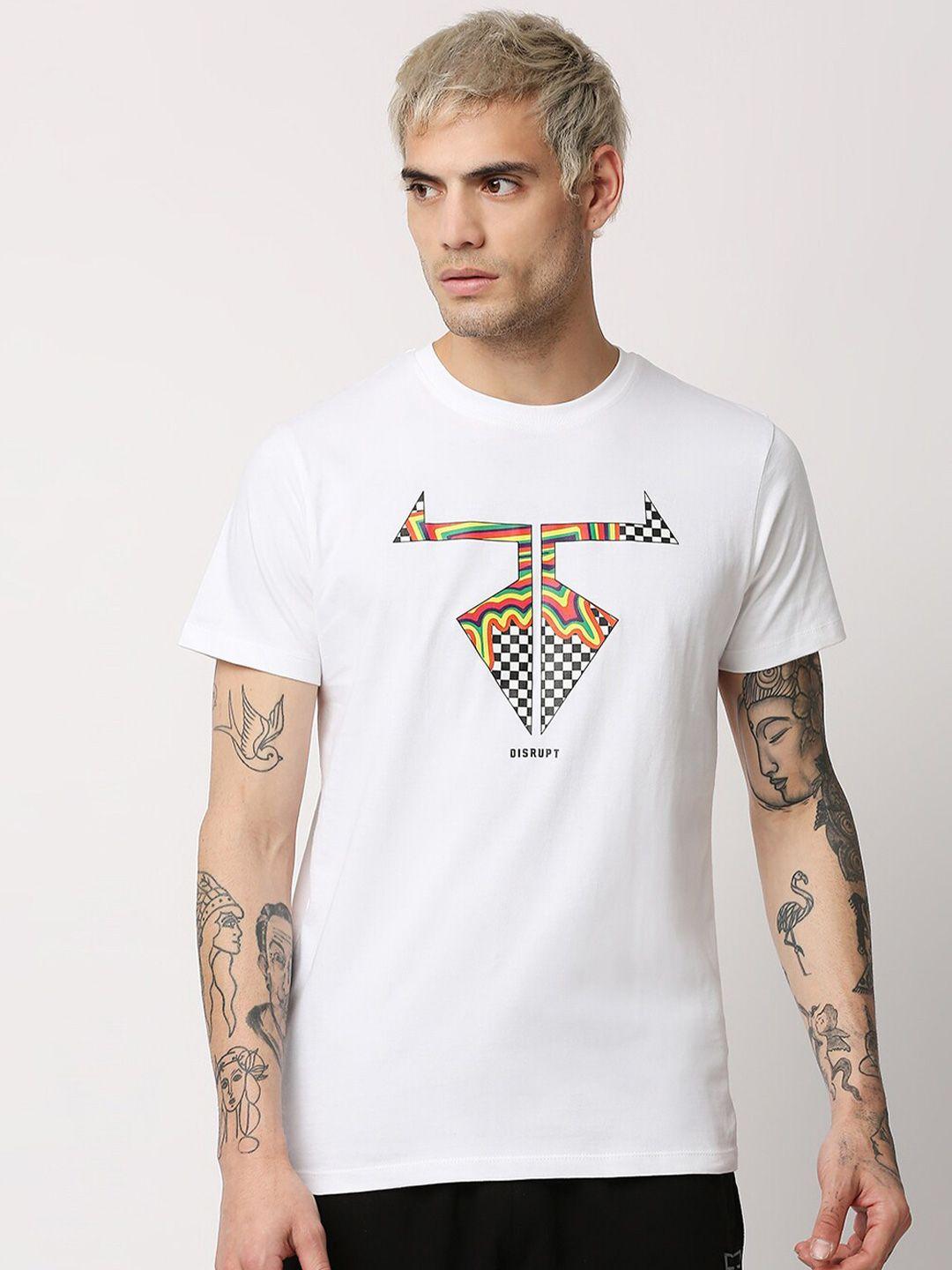 disrupt men white typography printed bio finish applique t-shirt