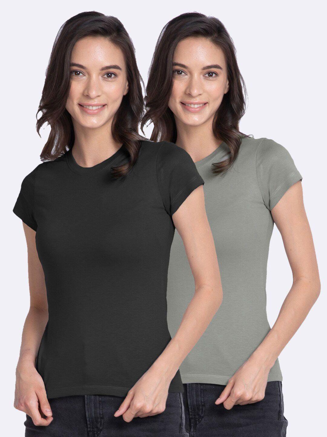 bewakoof women grey & onyx 2 v-neck slim fit t-shirt