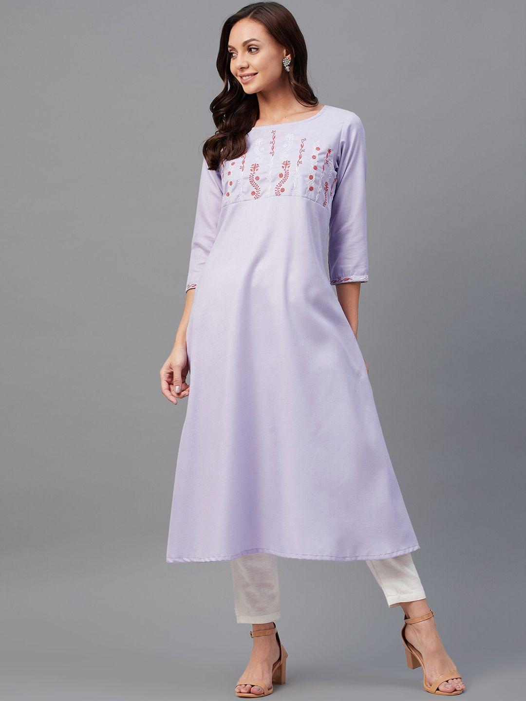 azira women lavender yoke design keyhole neck flared sleeves thread work anarkali kurta