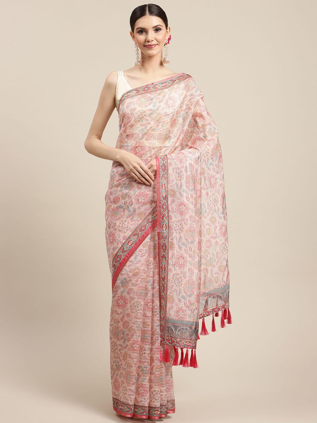 silk land peach-coloured kalamkari art silk saree