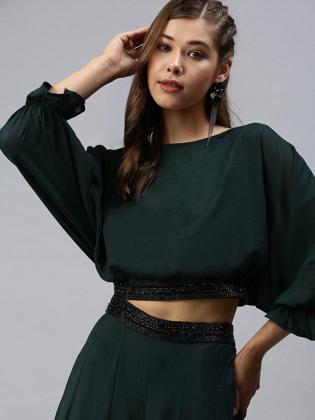 showoff women green solid top & skirt