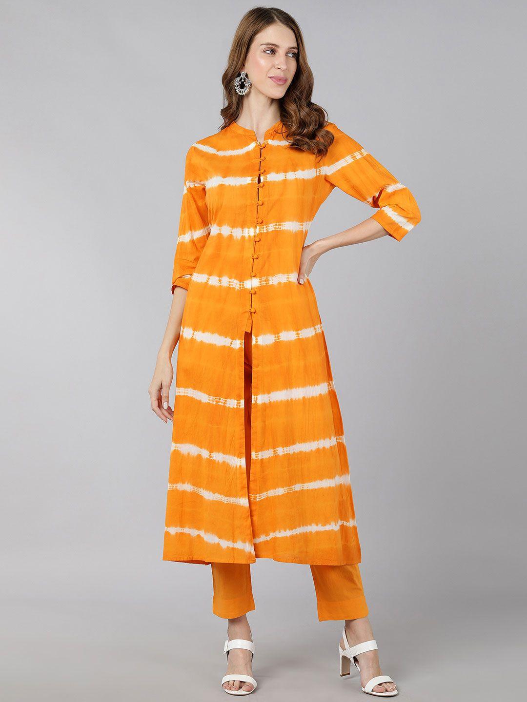 kipek women mustard yellow striped pure cotton kurta with trousers