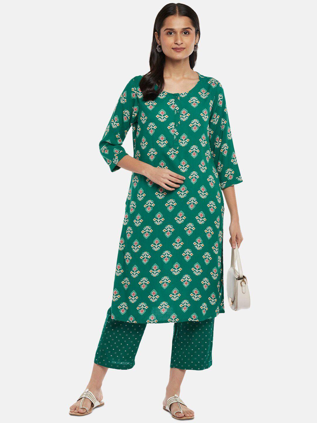 rangmanch by pantaloons women teal ethnic motifs printed kurta with palazzos