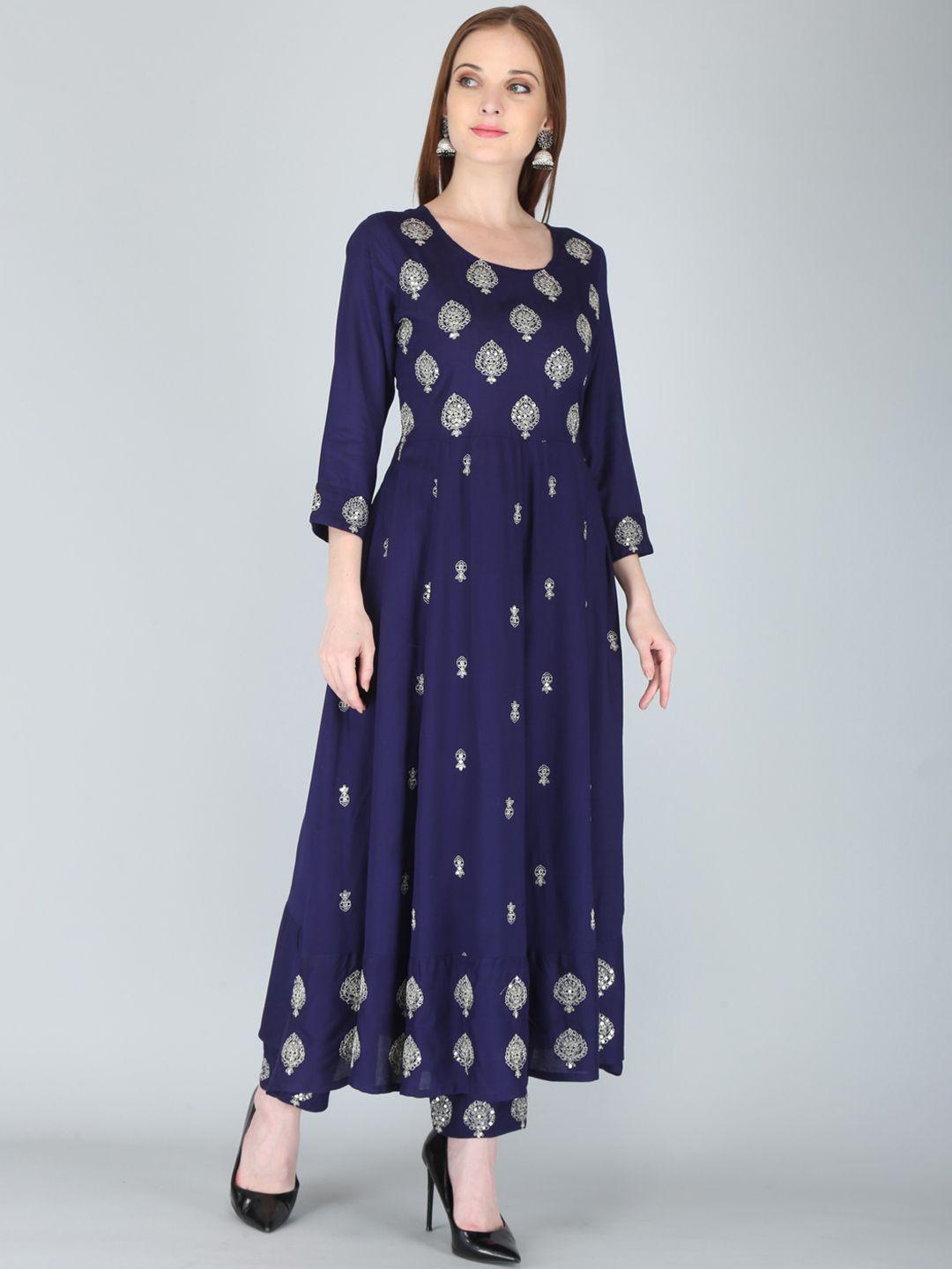 ikdaiya women blue ethnic motifs printed kurta with trousers