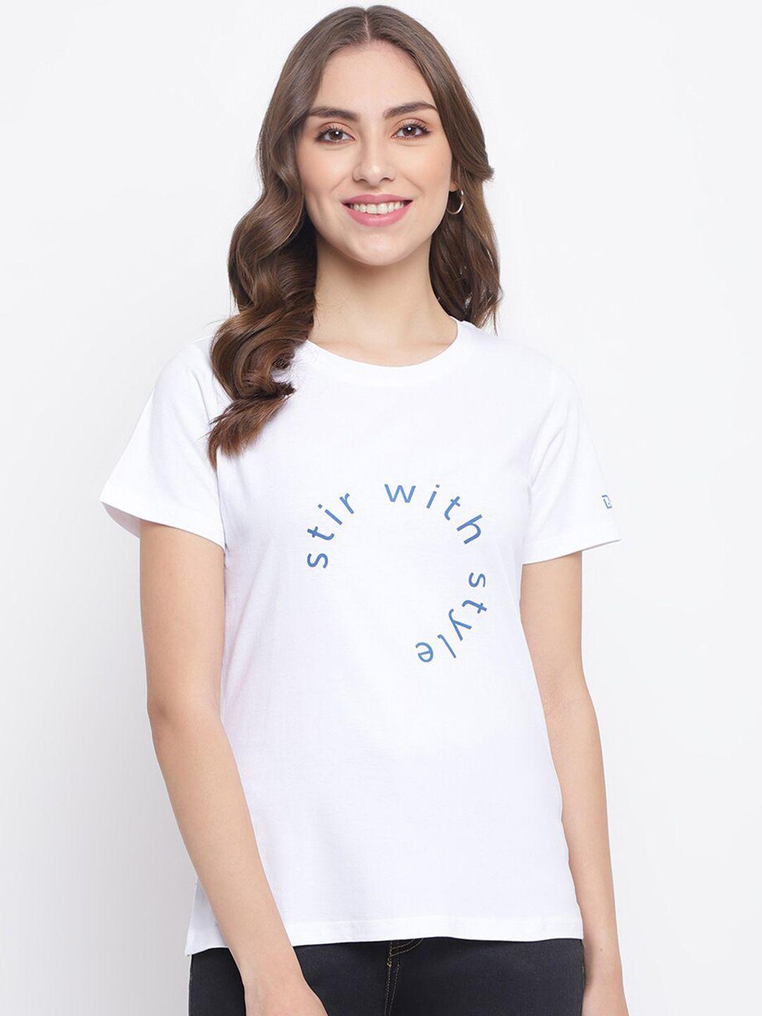 belliskey women white & blue typography printed t-shirt