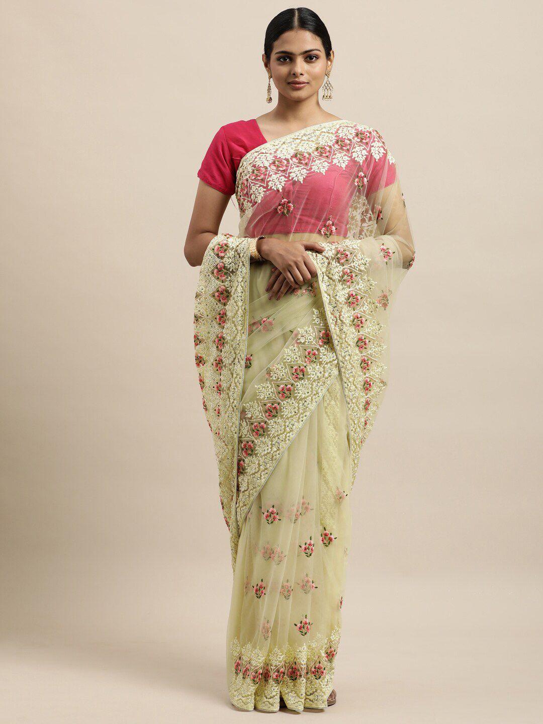 kasee off white floral embroidered net saree