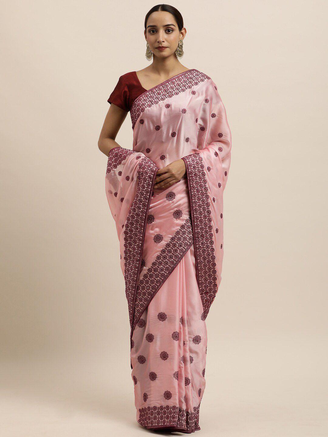 kasee pink & burgundy floral embroidered art silk saree