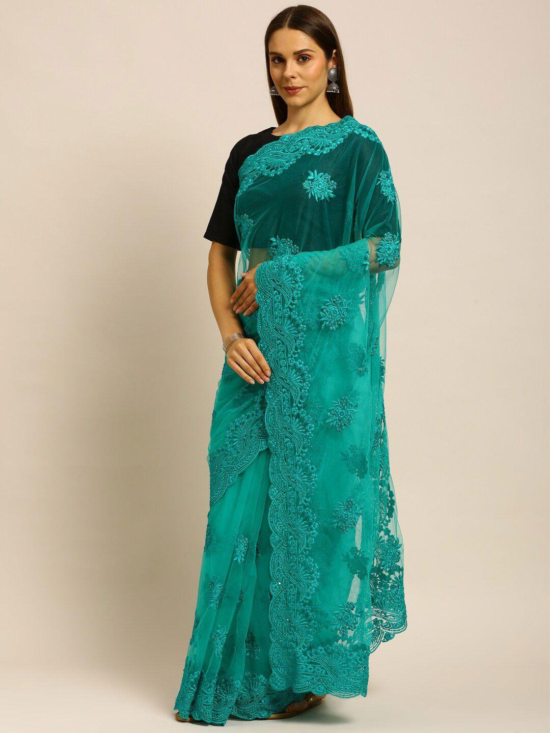 kasee blue floral embroidered net saree