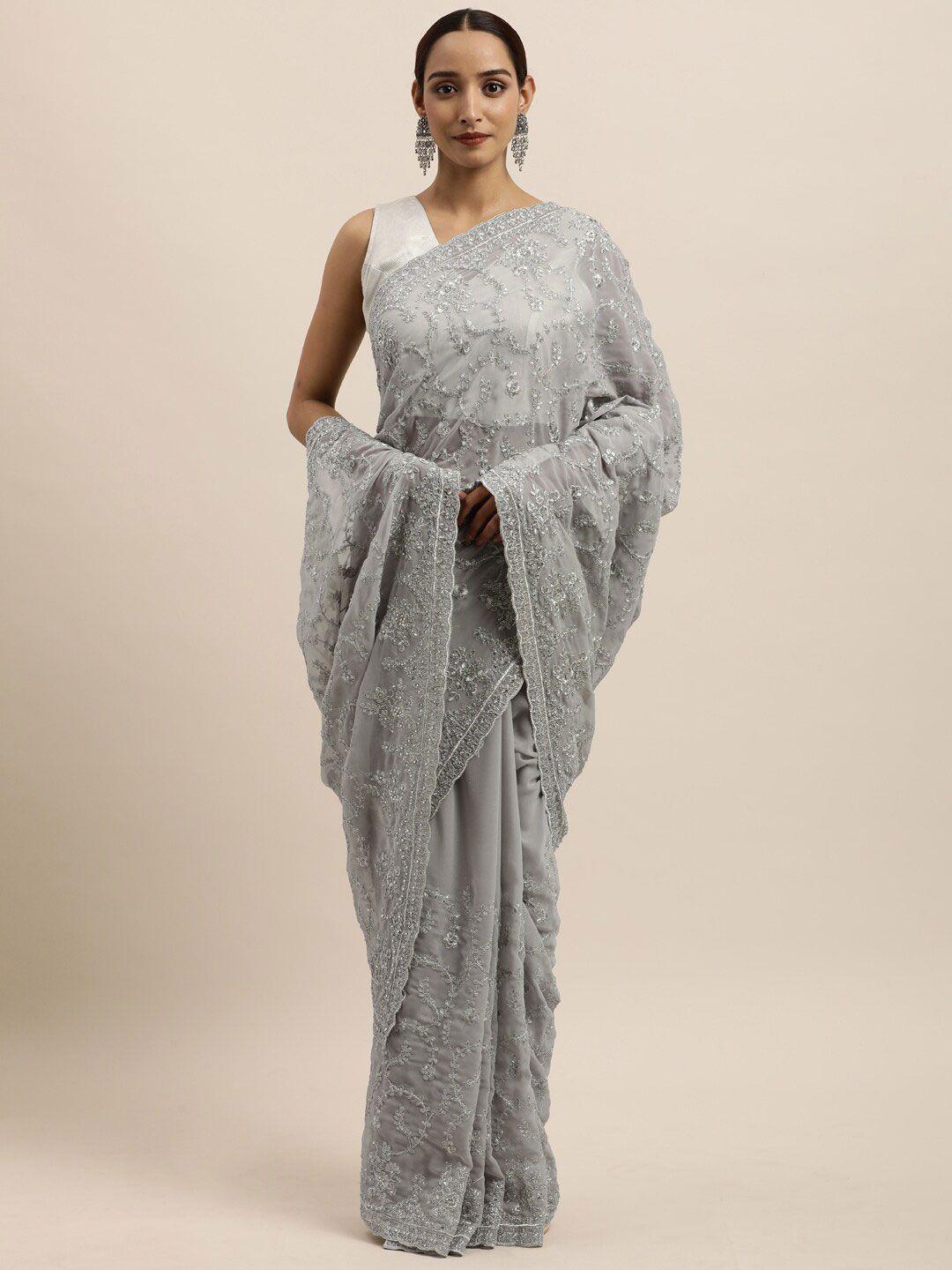 kasee grey & silver-toned floral embroidered pure georgette saree