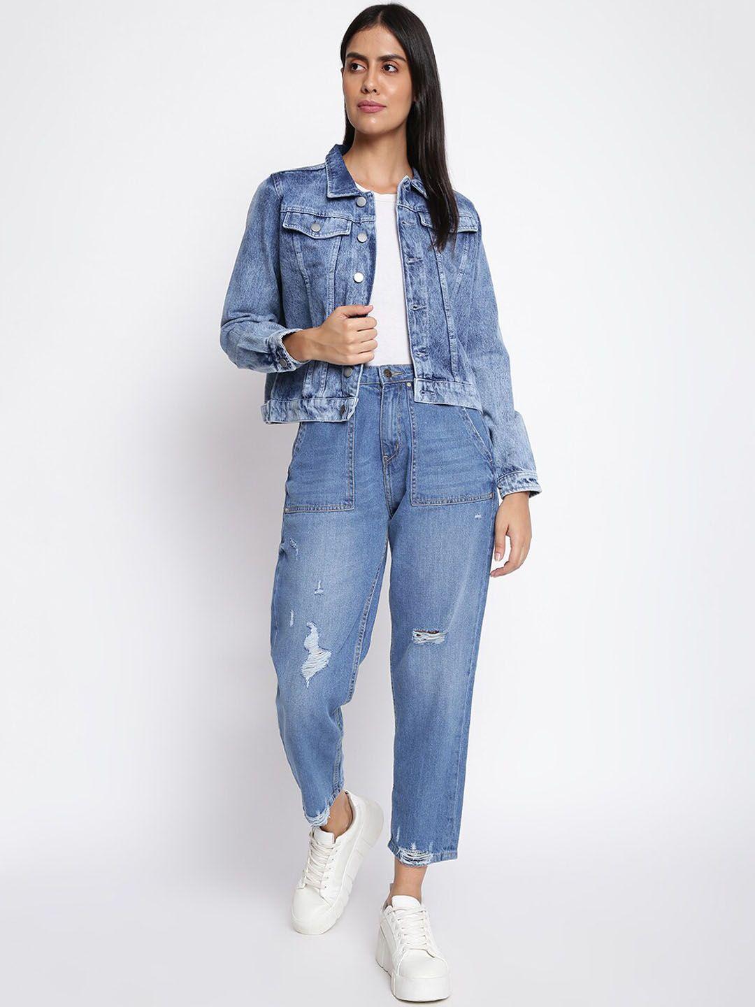 tales & stories women blue washed crop outdoor denim jacket