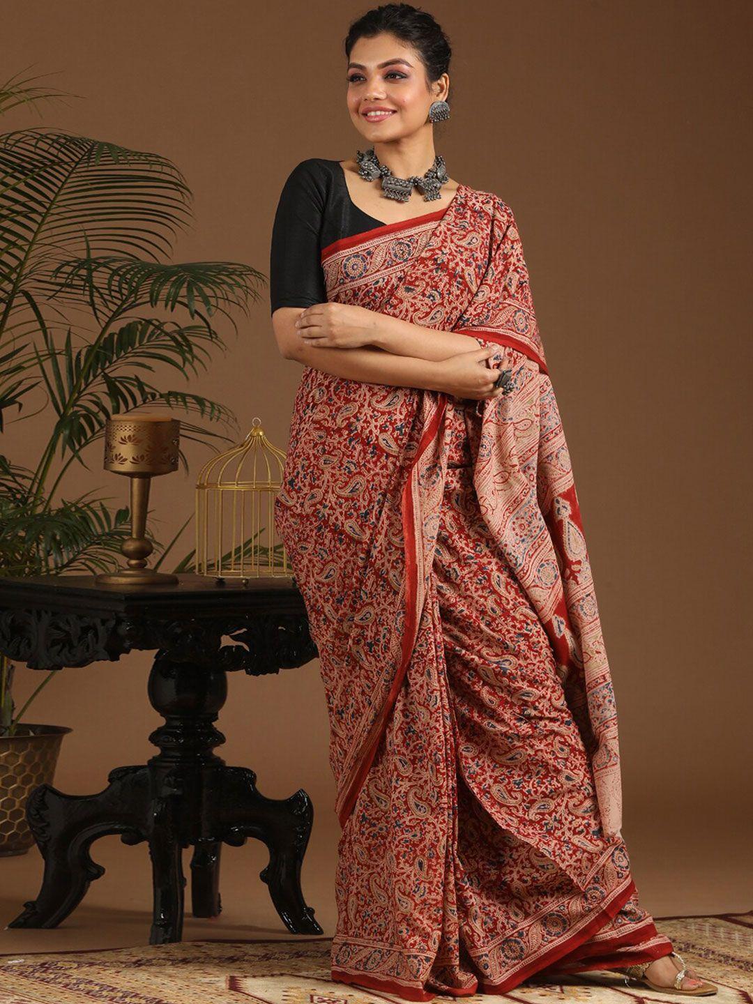 indethnic red & beige kalamkari pure cotton block print saree