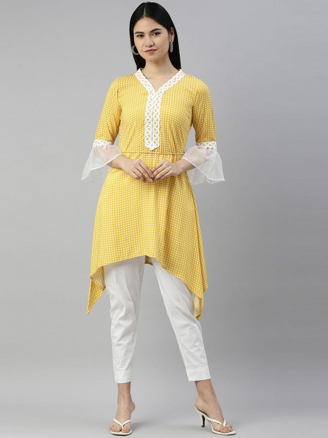 neerus women mustard yellow geometric printed flared sleeves thread work kurta