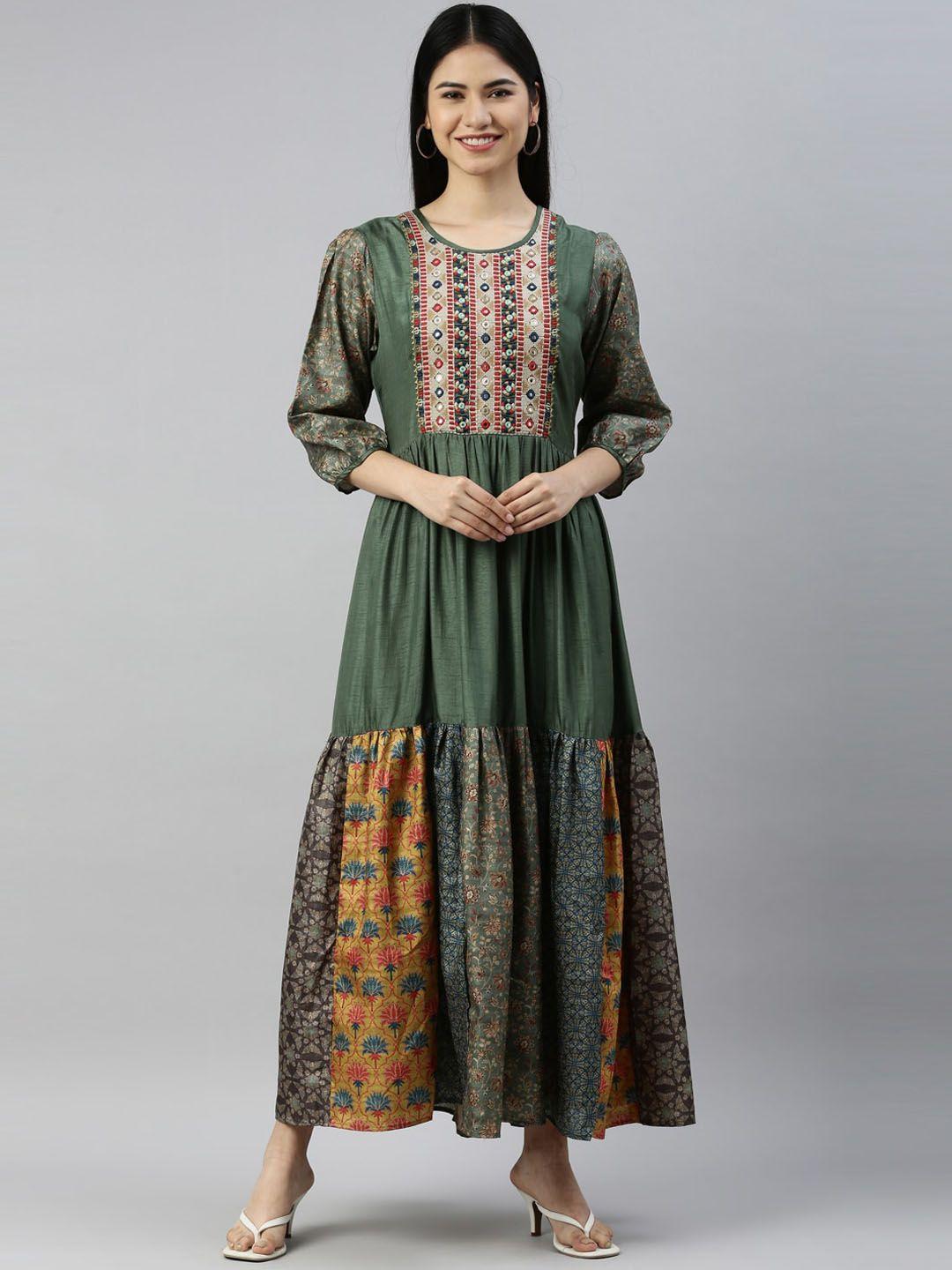 neerus women olive green ethnic motifs yoke design anarkali kurta