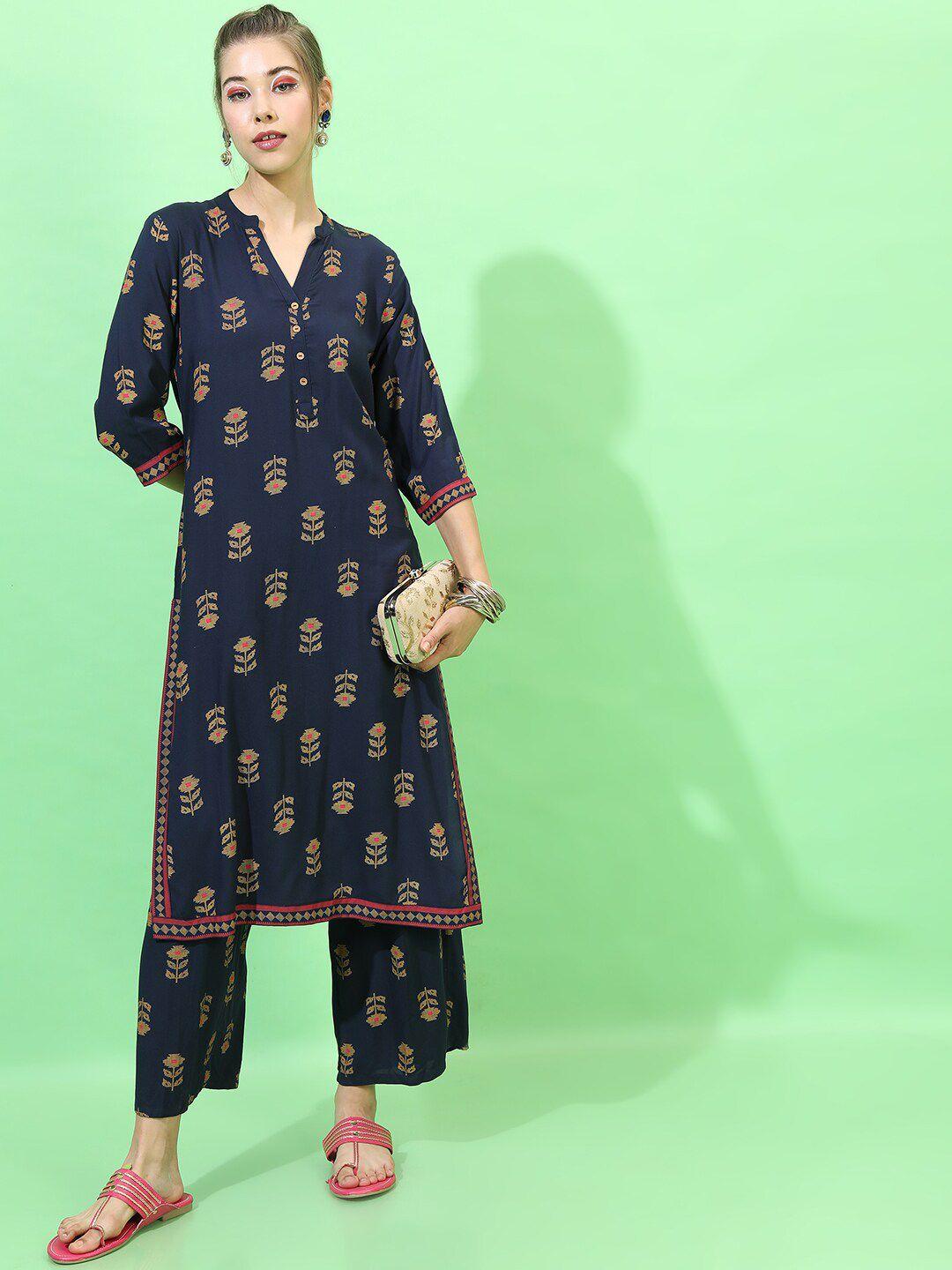 vishudh women navy blue floral printed kurta with palazzos