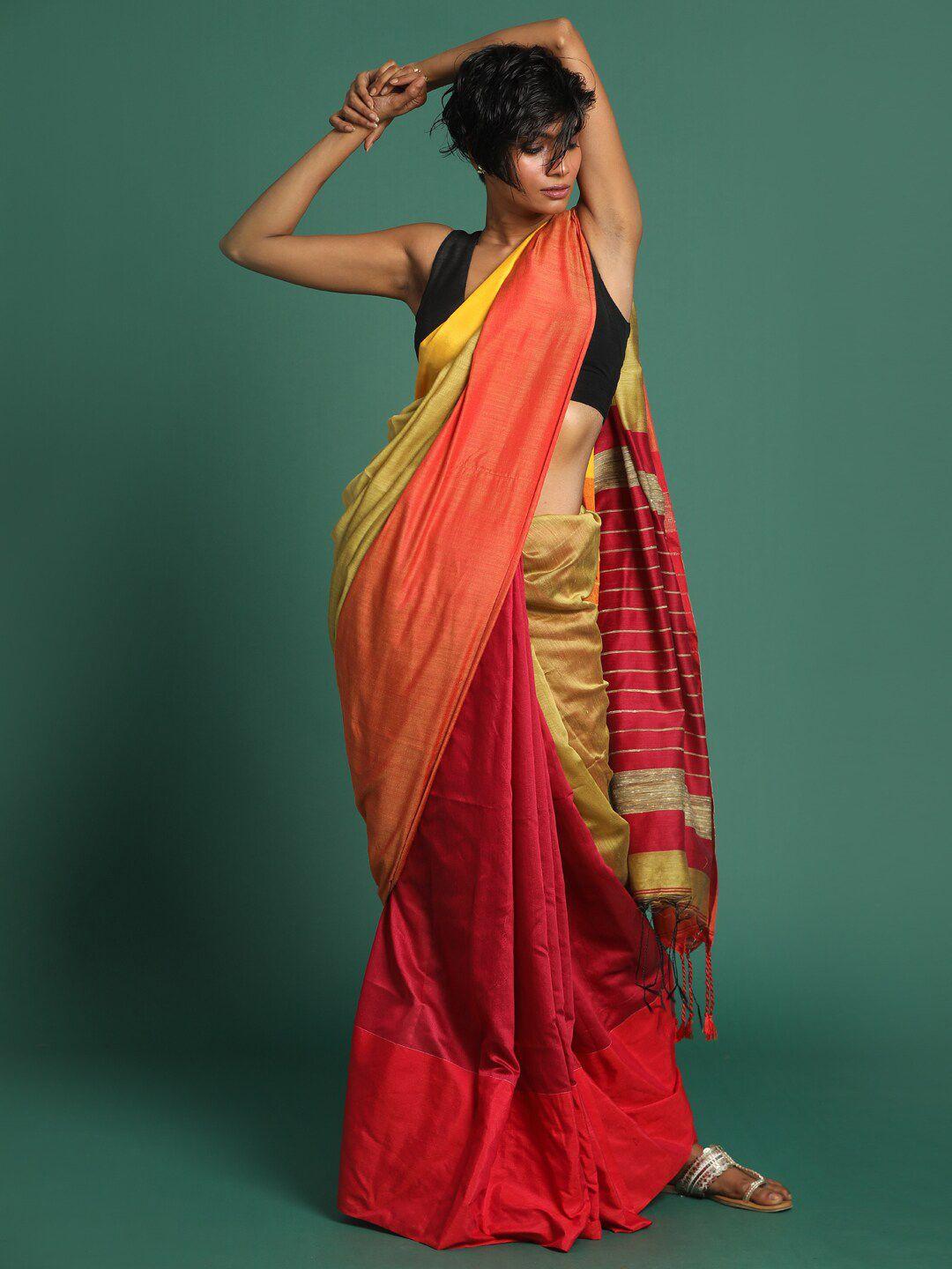 indethnic red & gold-toned colourblocked half and half jamdani saree