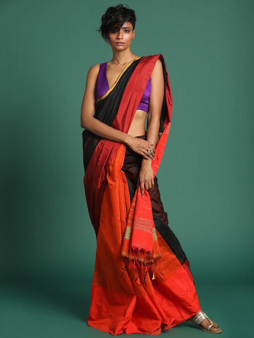 indethnic black & red colourblocked zari half and half jamdani saree