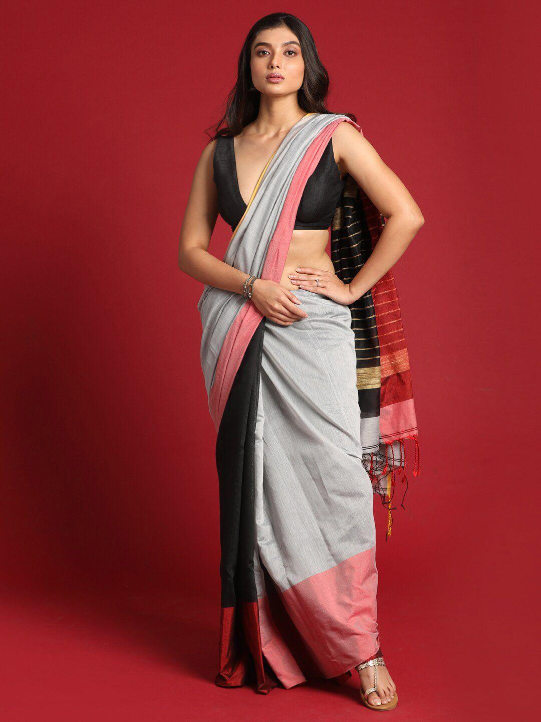 indethnic black & white colourblocked half and half jamdani saree