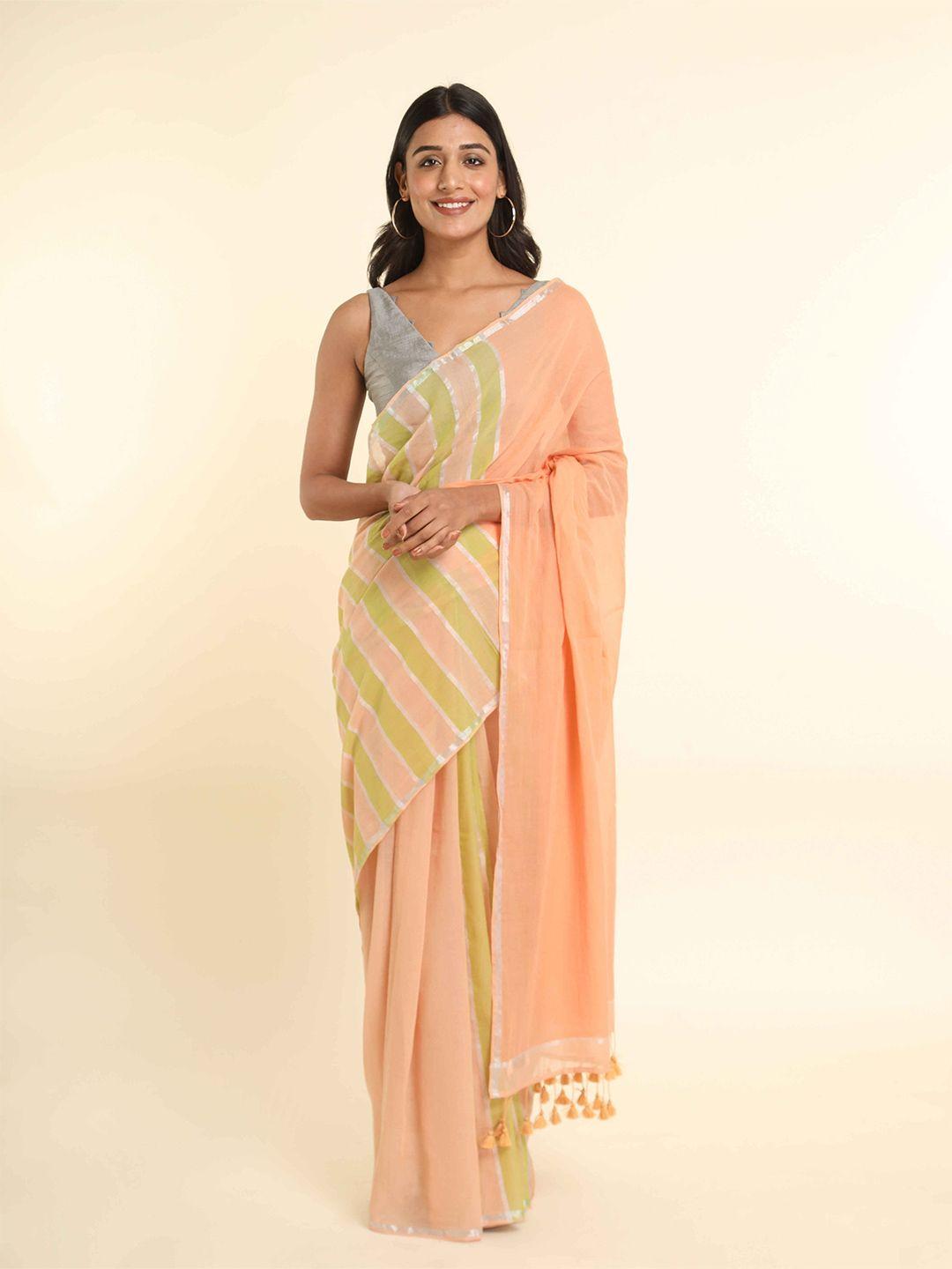 suta peach-coloured & green striped zari saree