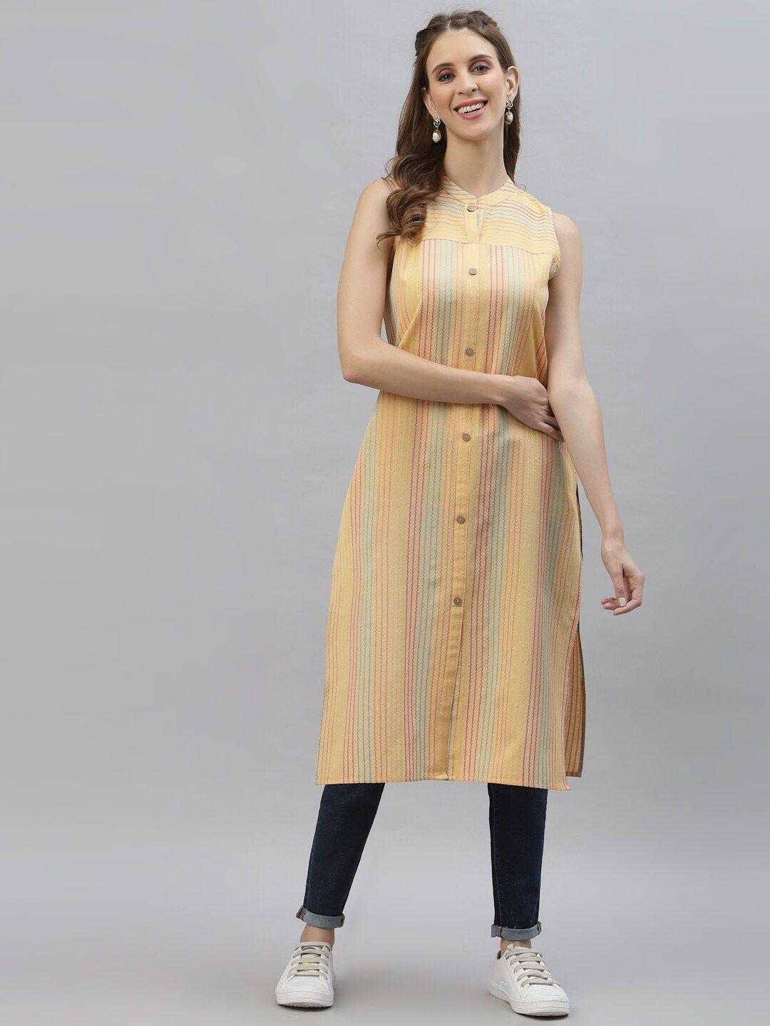 stylum women beige striped keyhole neck dobby kurta