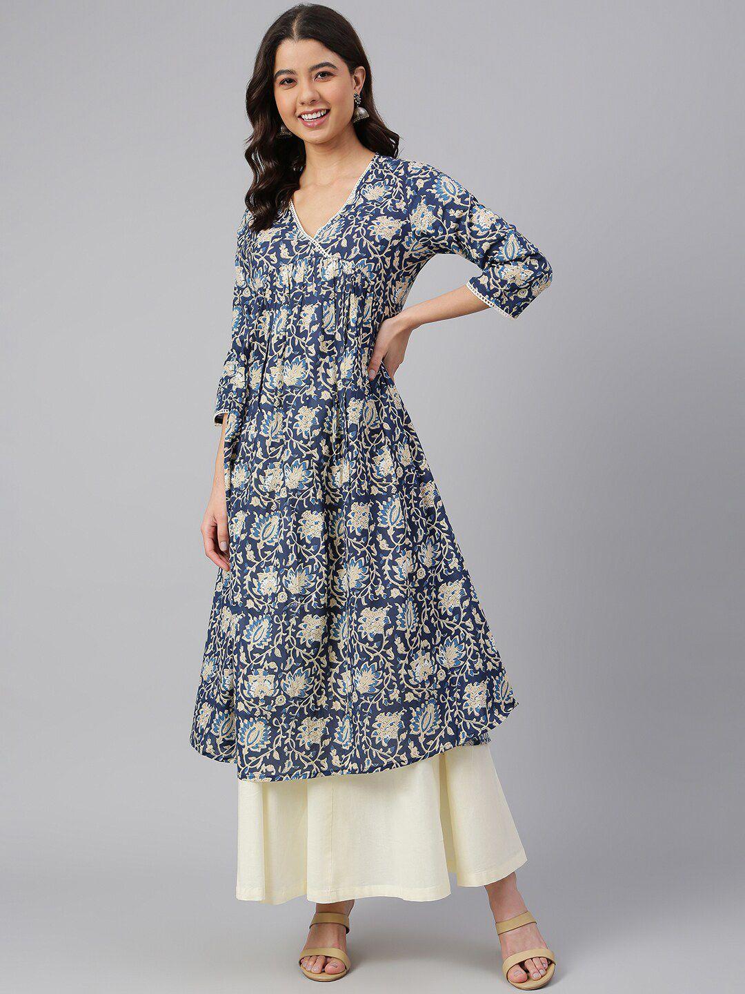 janasya women navy blue cotton floral print flared kurta