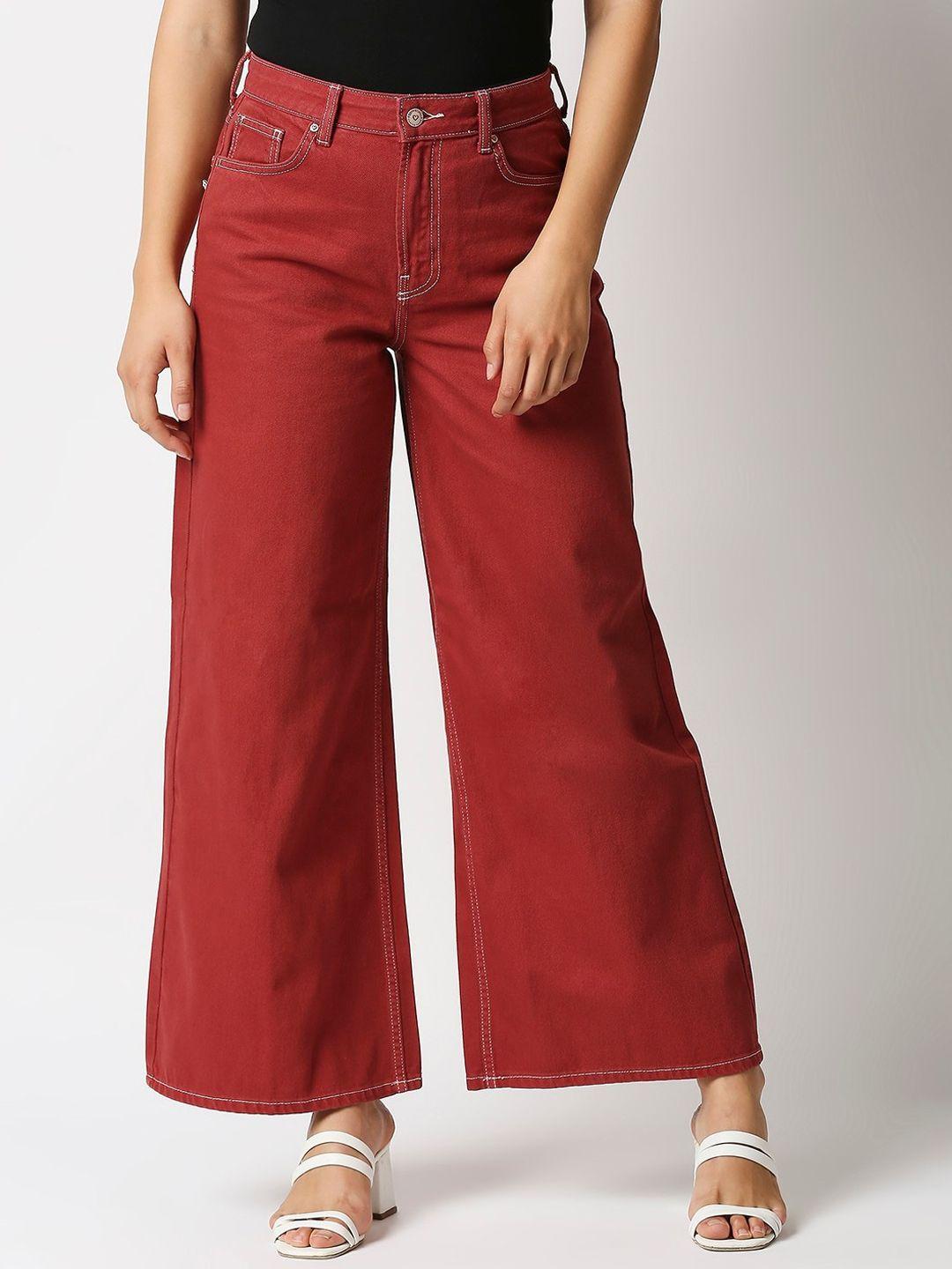 lovegen women maroon hottie wide leg high-rise jeans