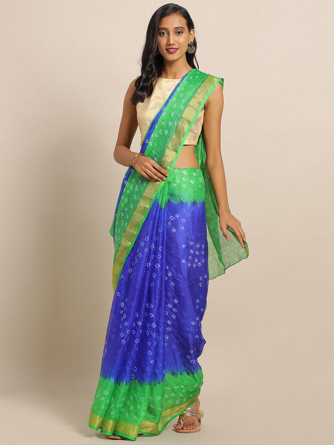 mitera blue & green bandhani zari silk cotton bandhani saree