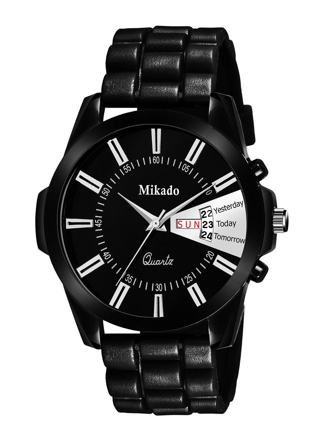 mikado men black brass dial & black straps analogue watch black day