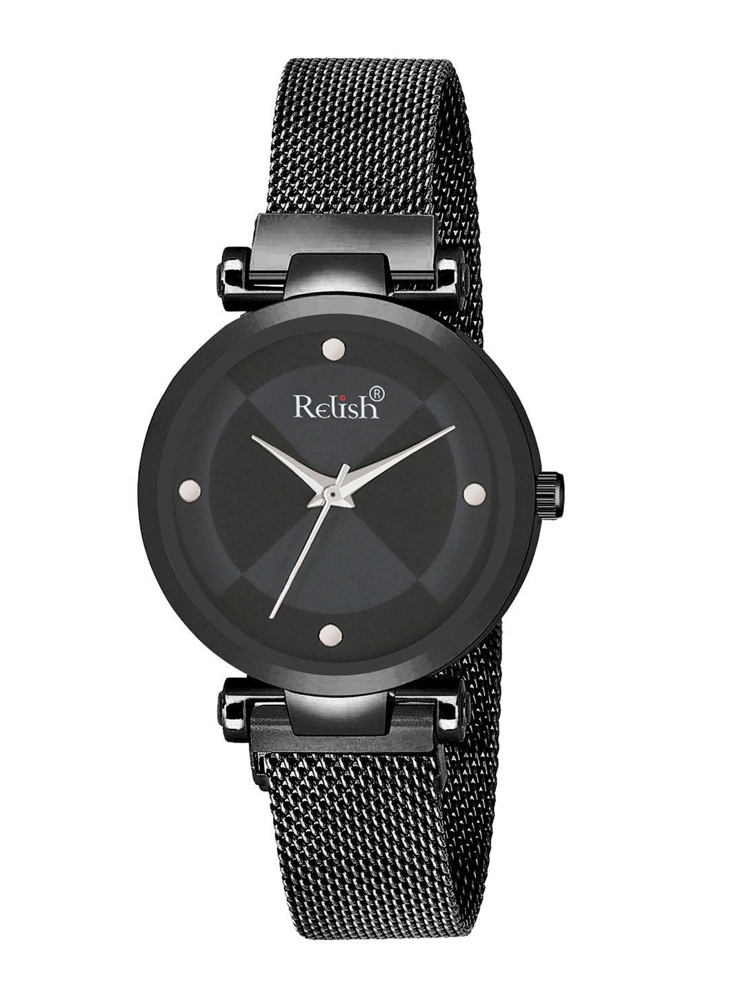 relish women black embellished dial & black bracelet style straps analogue watch re-l1162