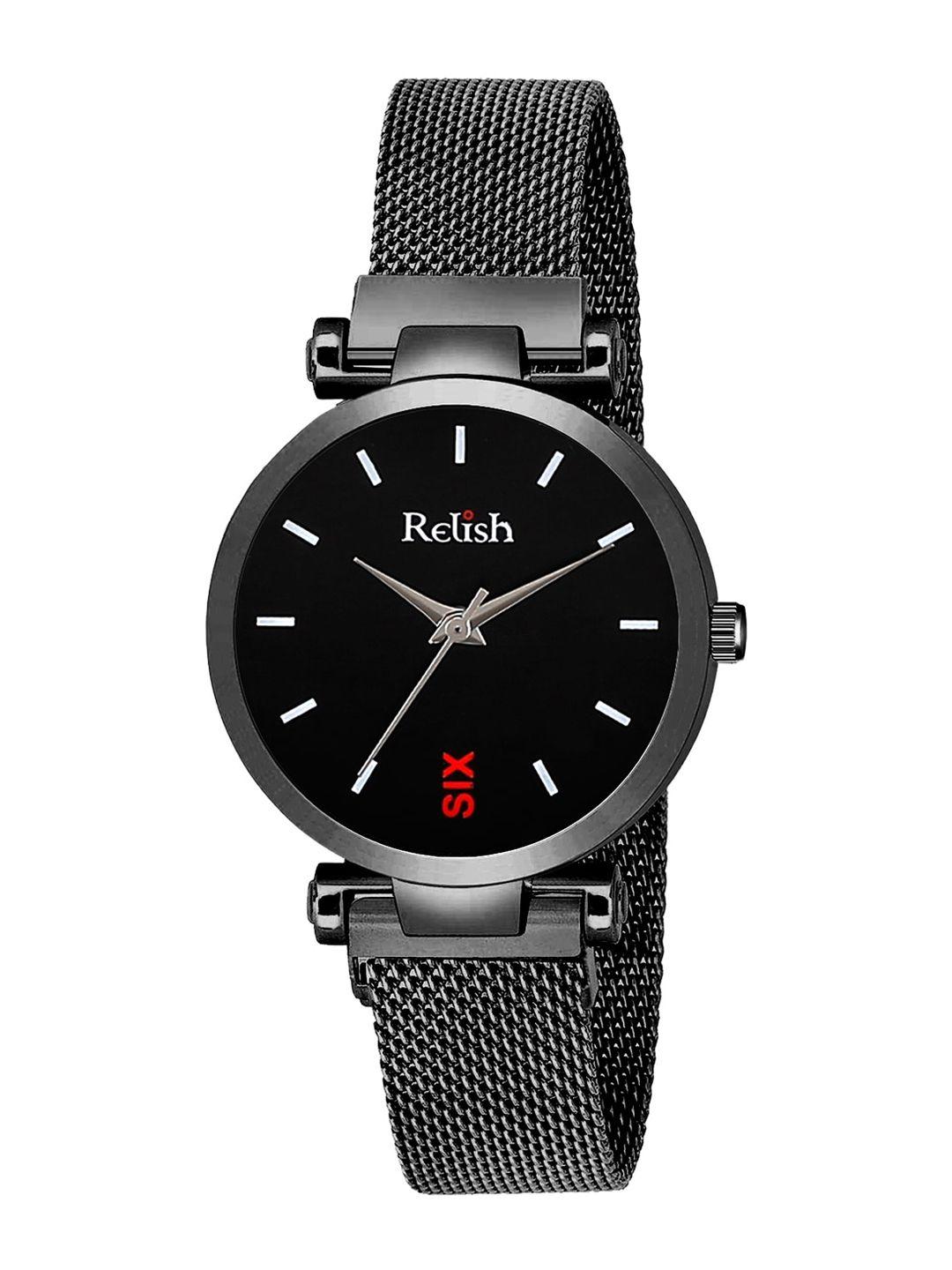 relish women black dial & black bracelet style straps analogue watch re-l1164