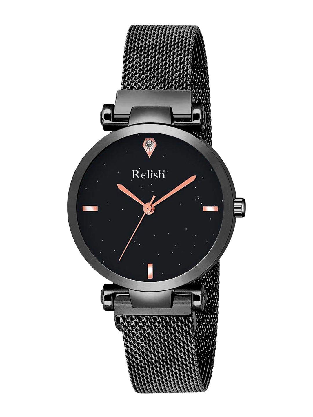 relish women black printed dial & black bracelet style straps analogue watch re-l1163