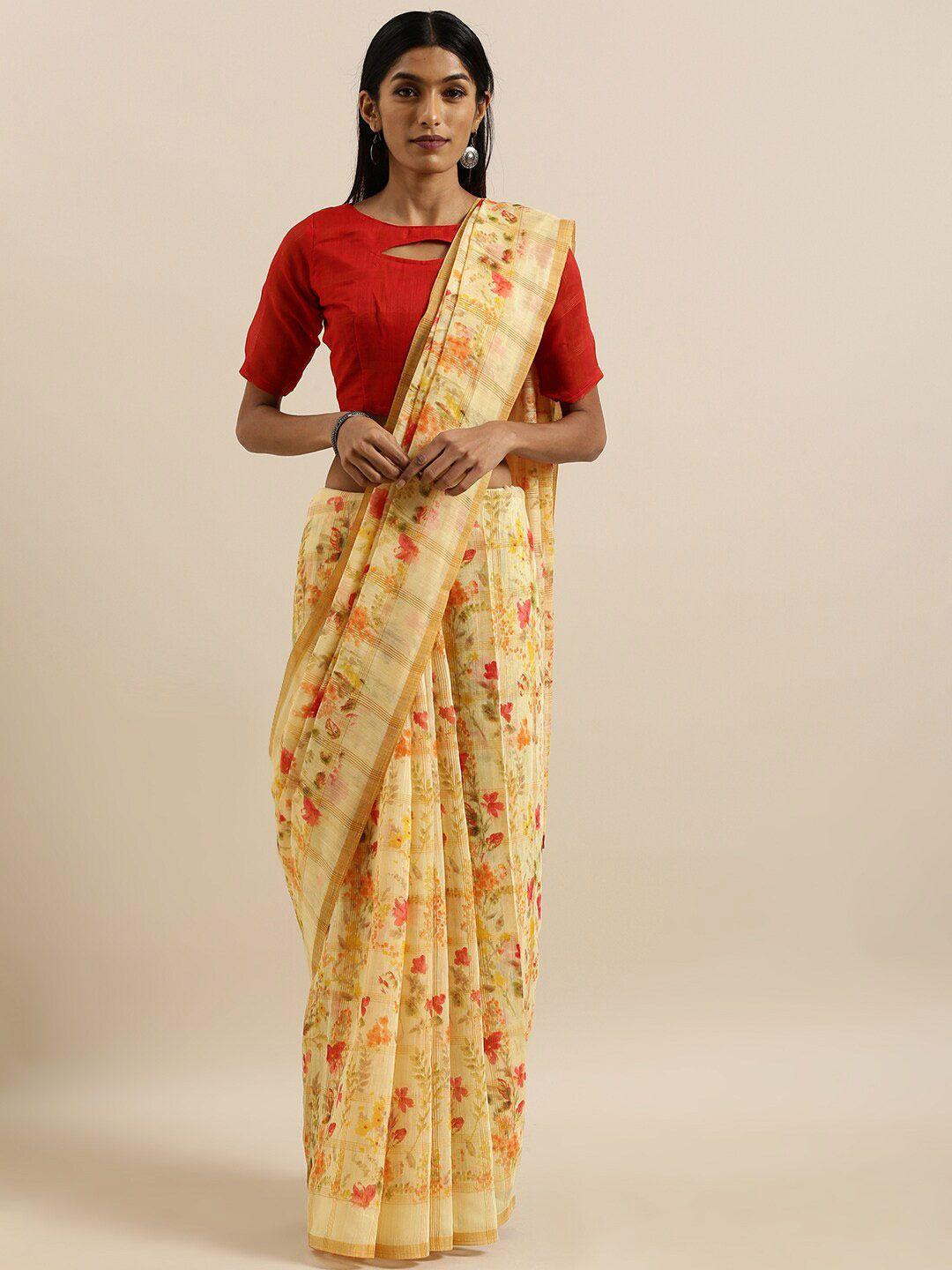 shavya cream-coloured & red floral zari pure linen patola saree