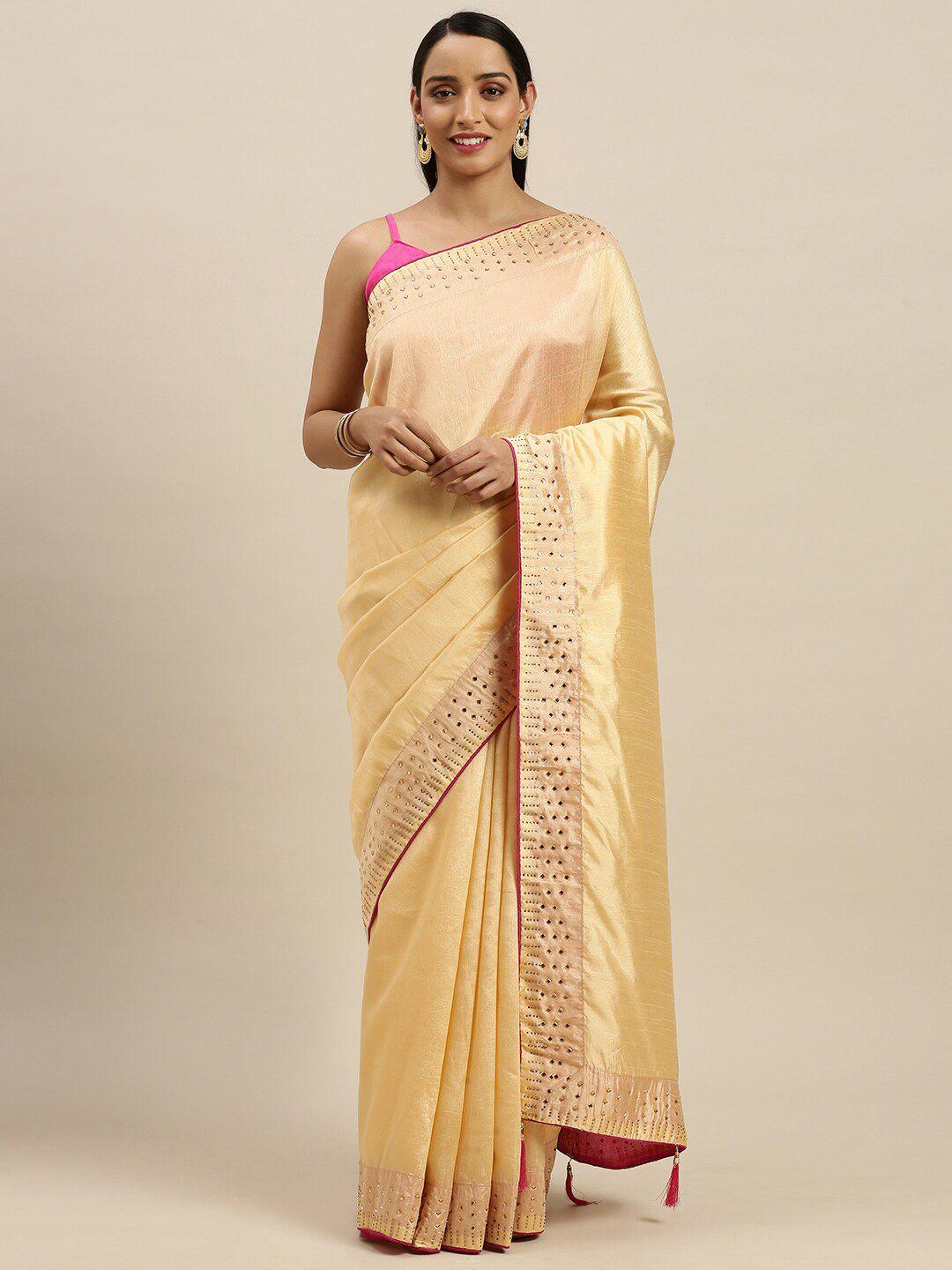 shavya gold-toned & pink embellished beads and stones silk blend saree