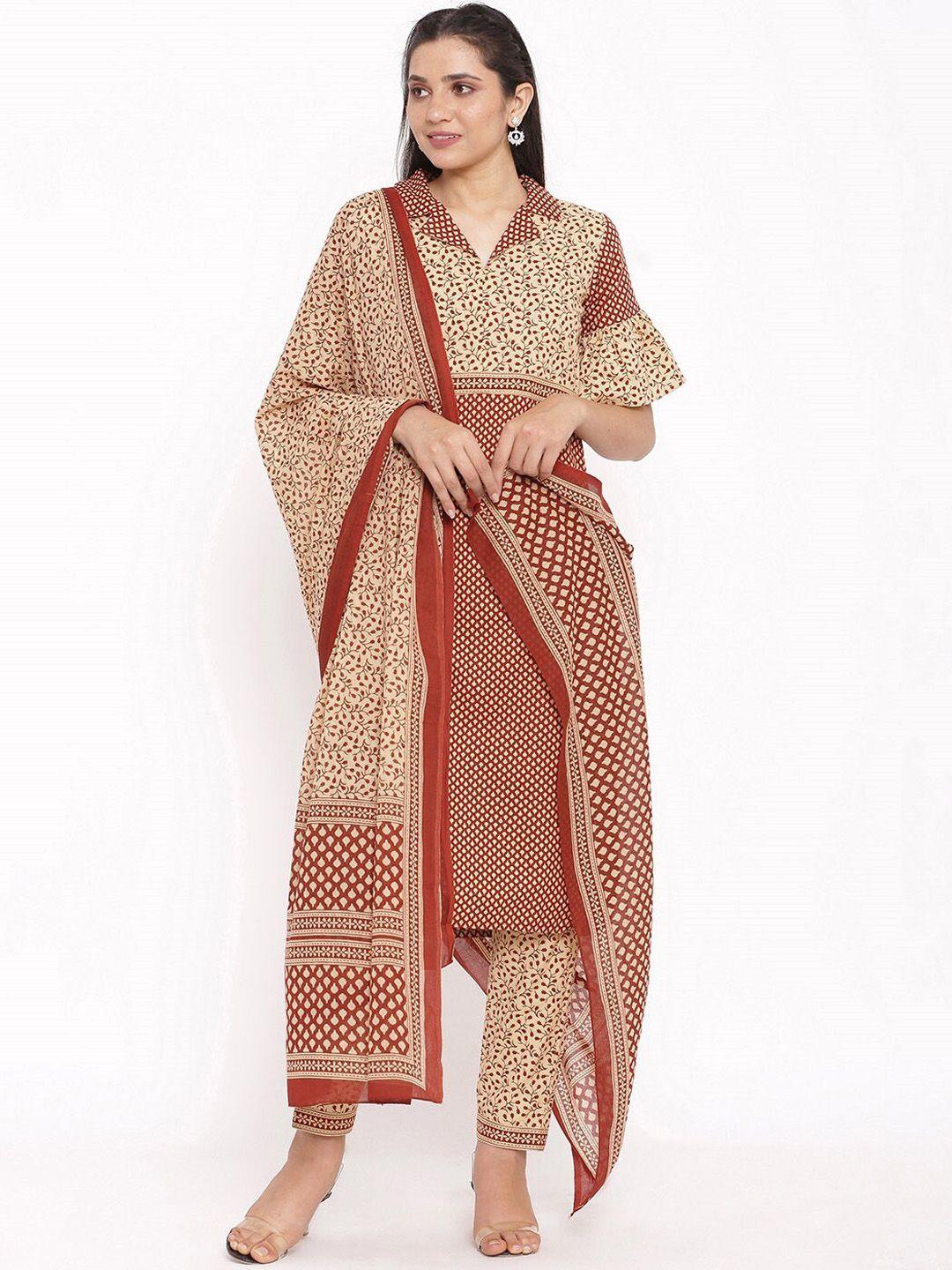 saart bunaai women beige ethnic motifs embroidered regular pure cotton kurta with trousers & with dupatta