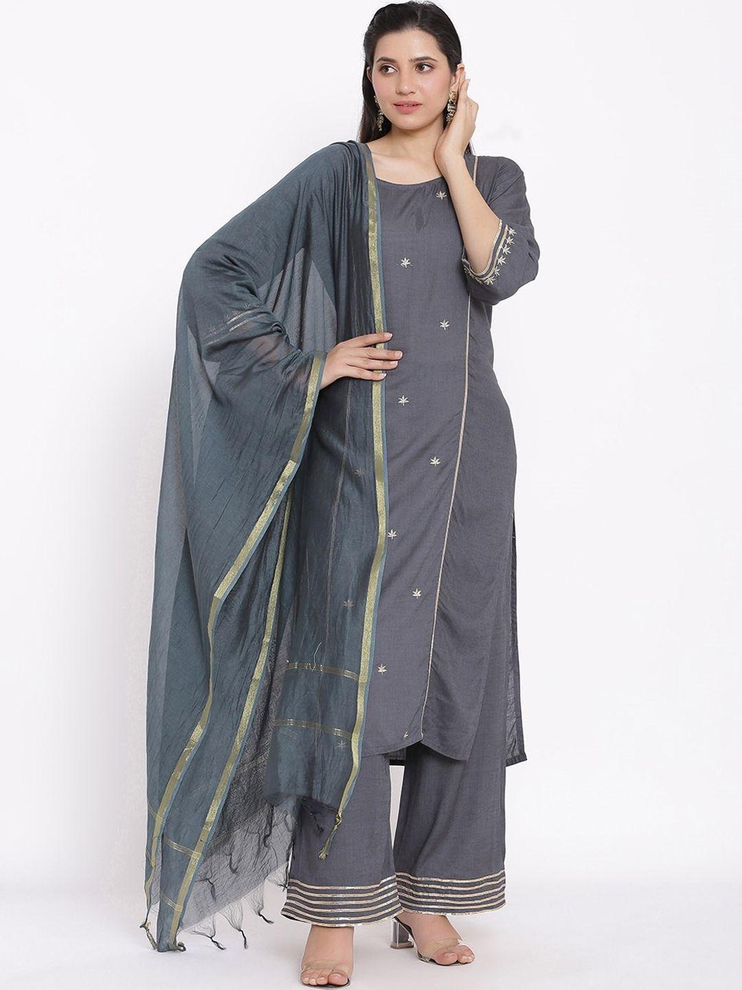 saart bunaai women grey printed panelled kurta with churidar & with dupatta