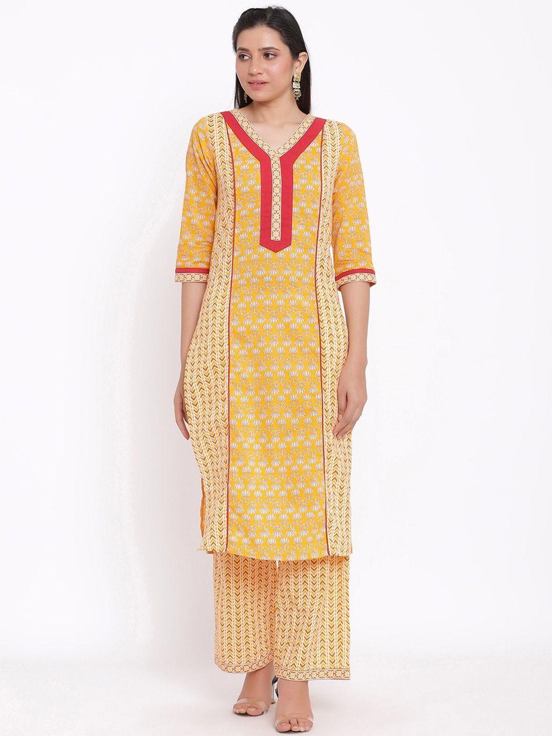 saart bunaai women yellow yoke design pure cotton kurti with palazzos