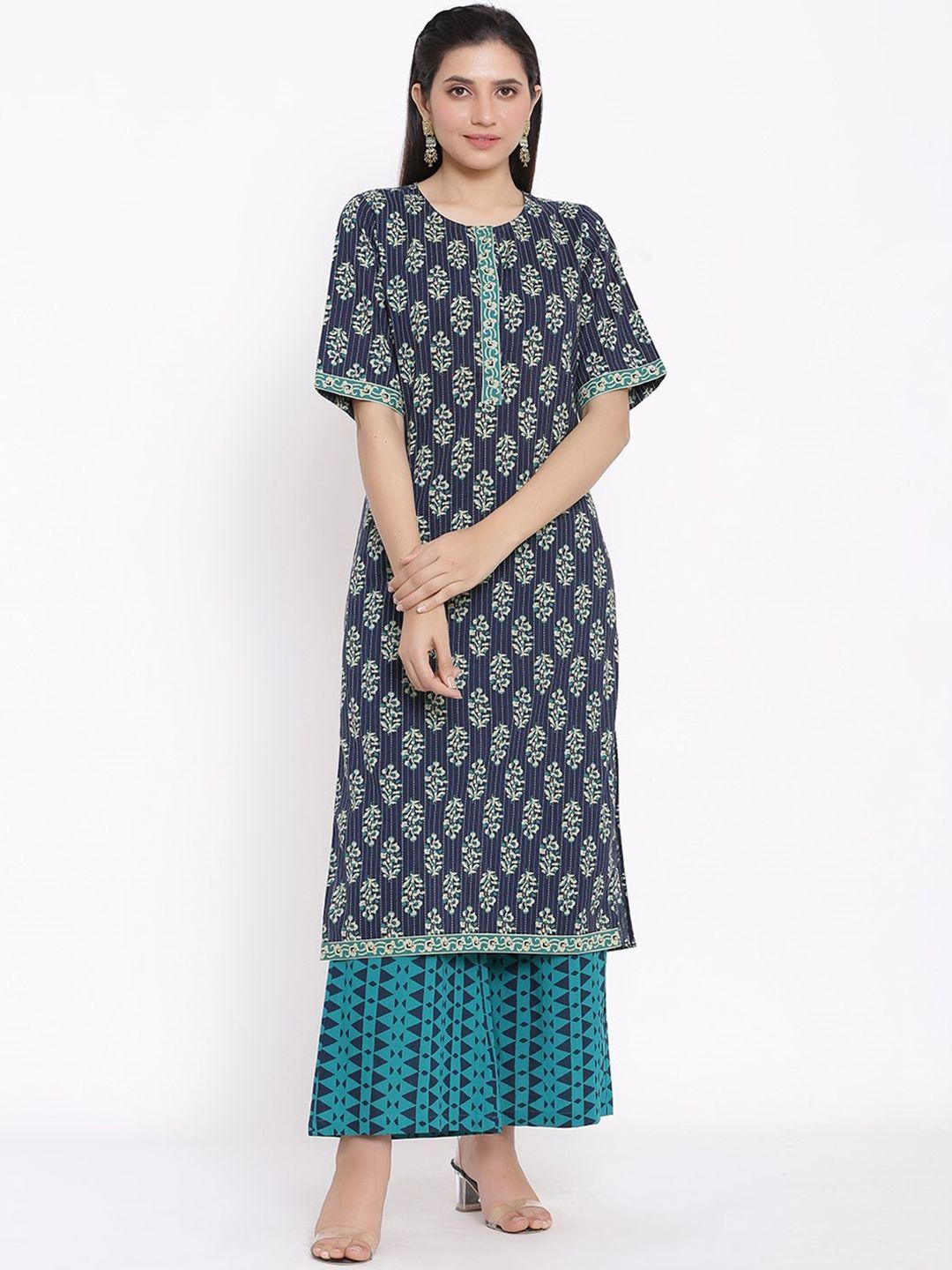 saart bunaai women blue printed pure cotton kurta with palazzos