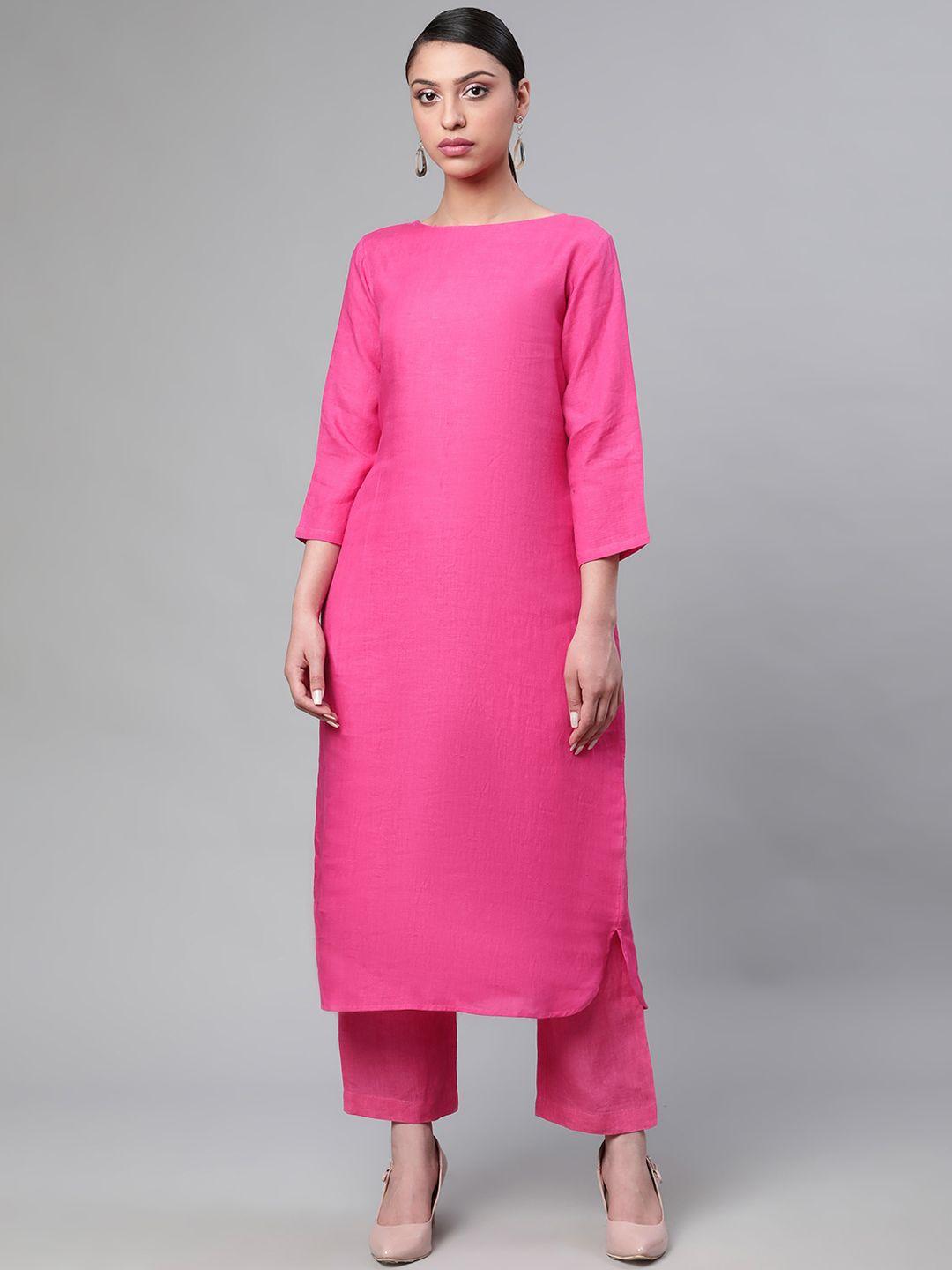 linen club woman women pink thread work sustainable kurta