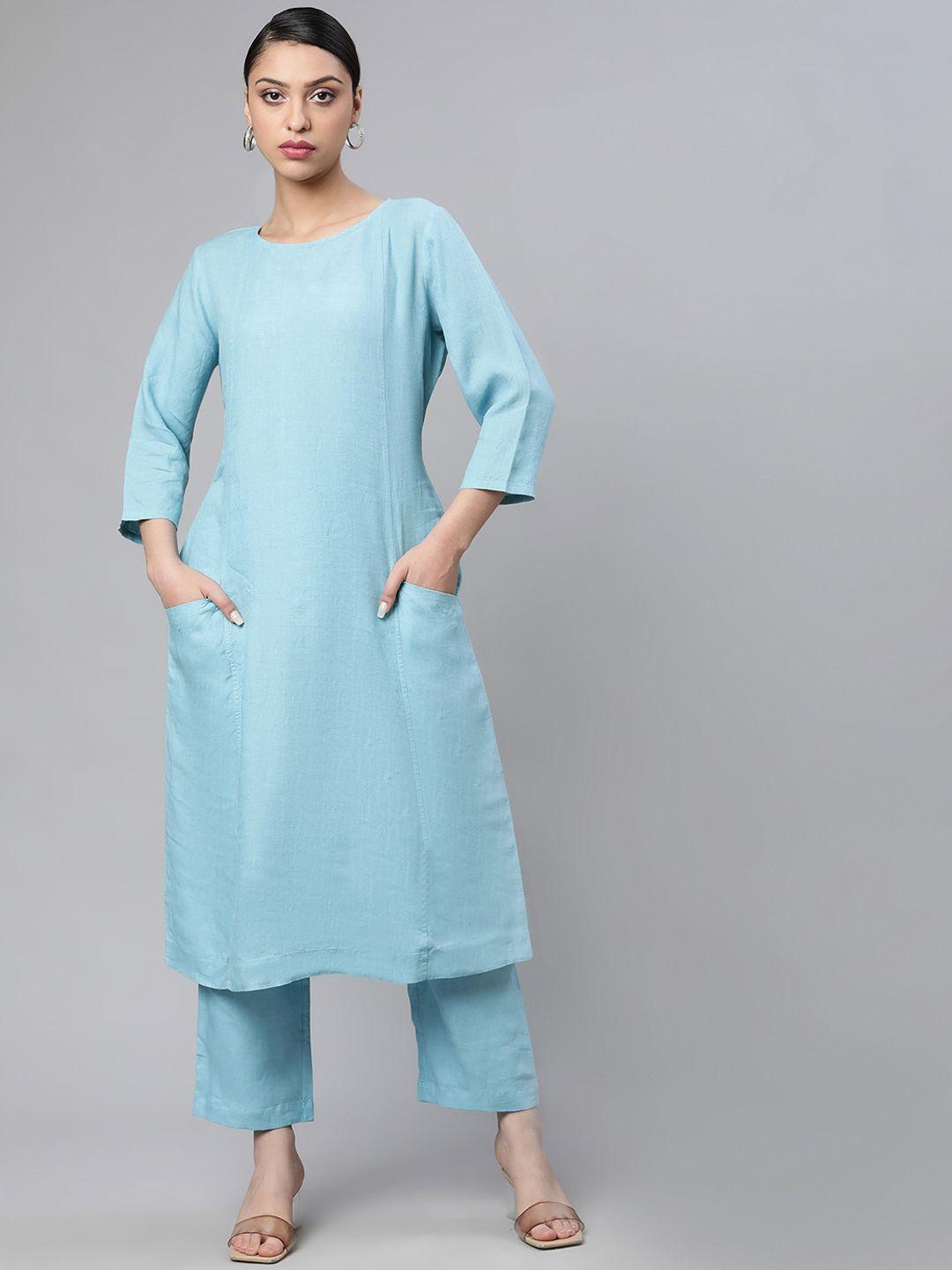 linen club woman women blue thread work sustainable kurta