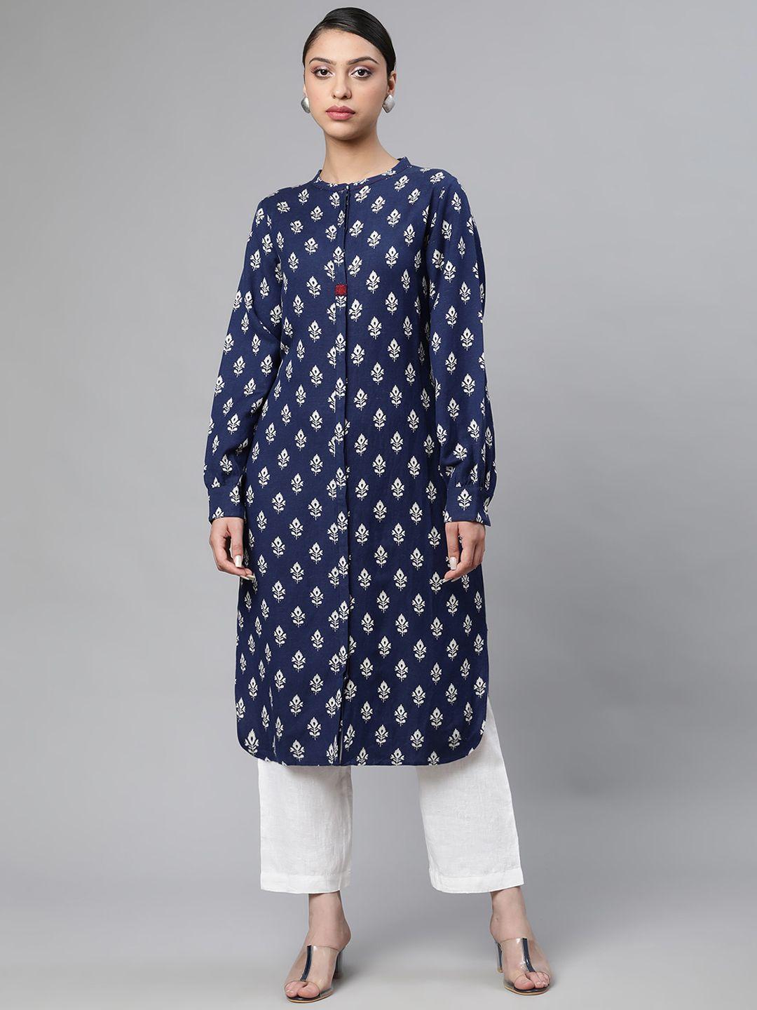 linen club woman women navy blue ethnic motifs printed flared sleeves sustainable kurta