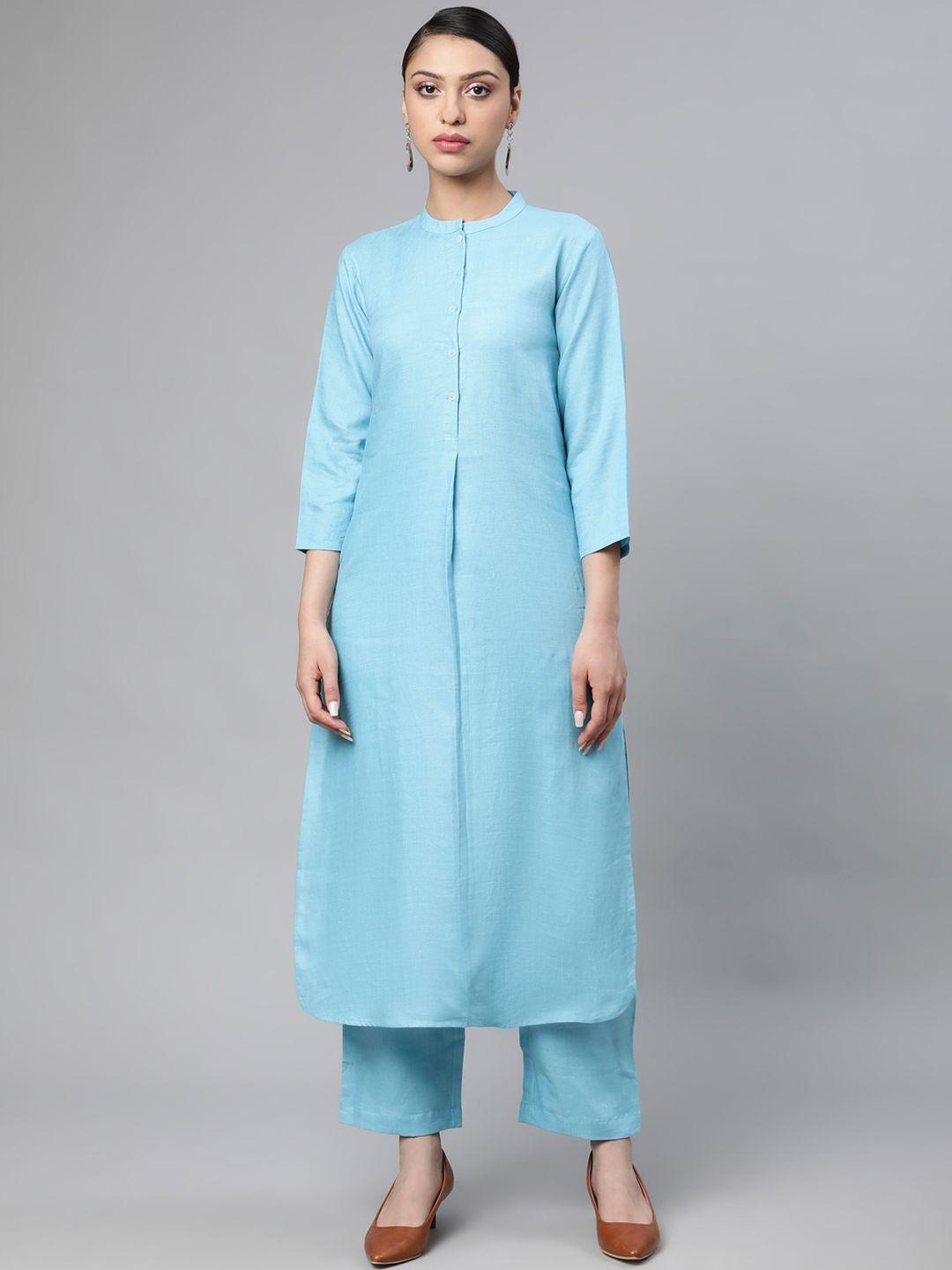 linen club woman women blue thread work sustainable kurta