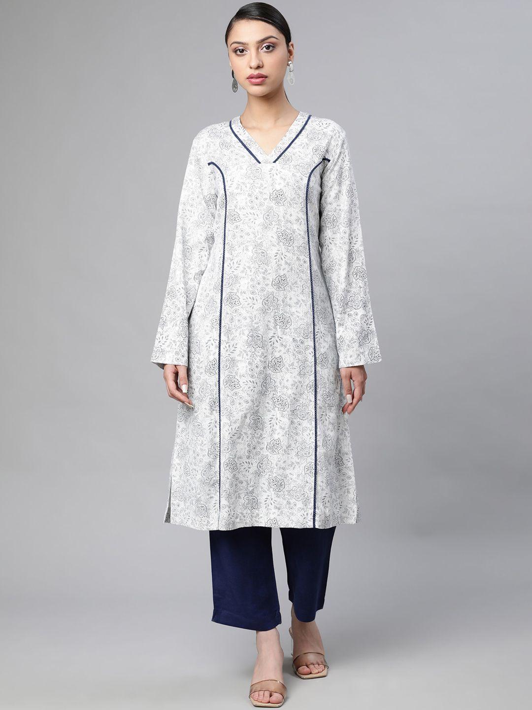 linen club woman women navy blue printed linen kurta with trousers