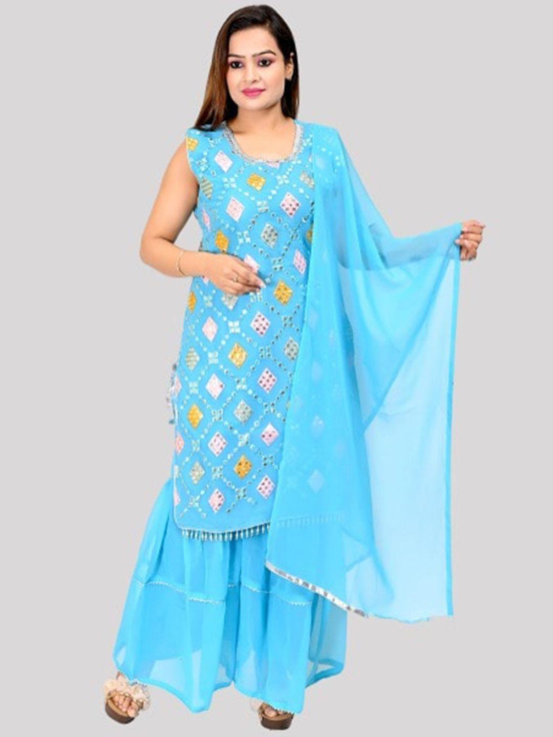 fnocks women blue floral embroidered mirror work kurti with sharara & with dupatta