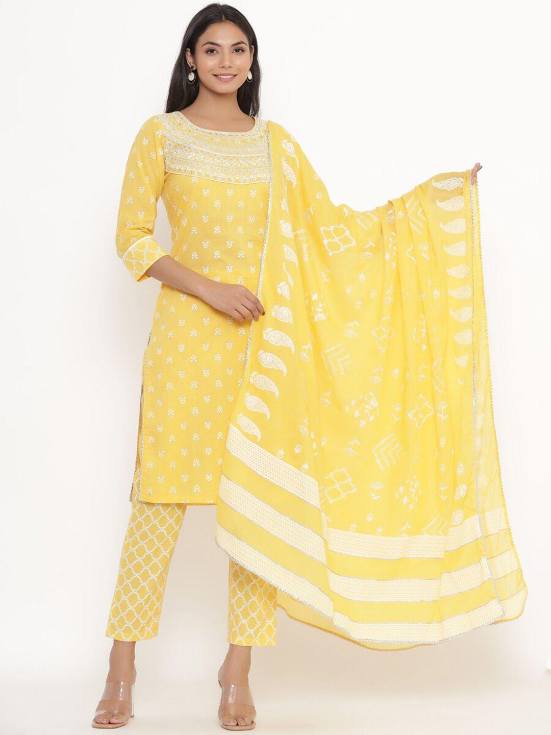 pinkville jaipur women yellow ethnic motifs printed layered pure cotton kurta with trousers & with dupatta