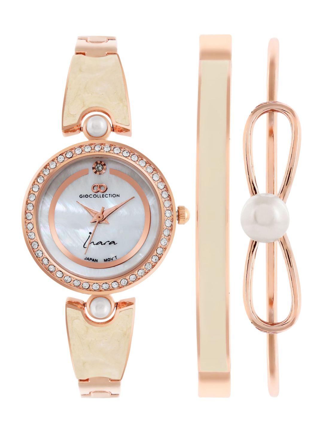 gio collection women white embellished dial & rose gold toned bracelet style straps analogue watch