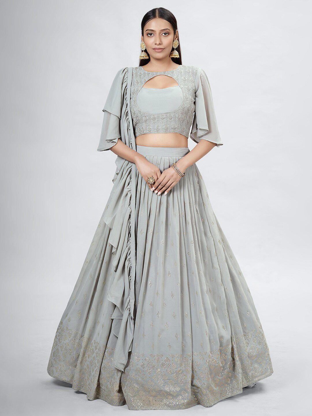 dresstive grey embroidered mukaish semi-stitched lehenga & unstitched blouse with dupatta