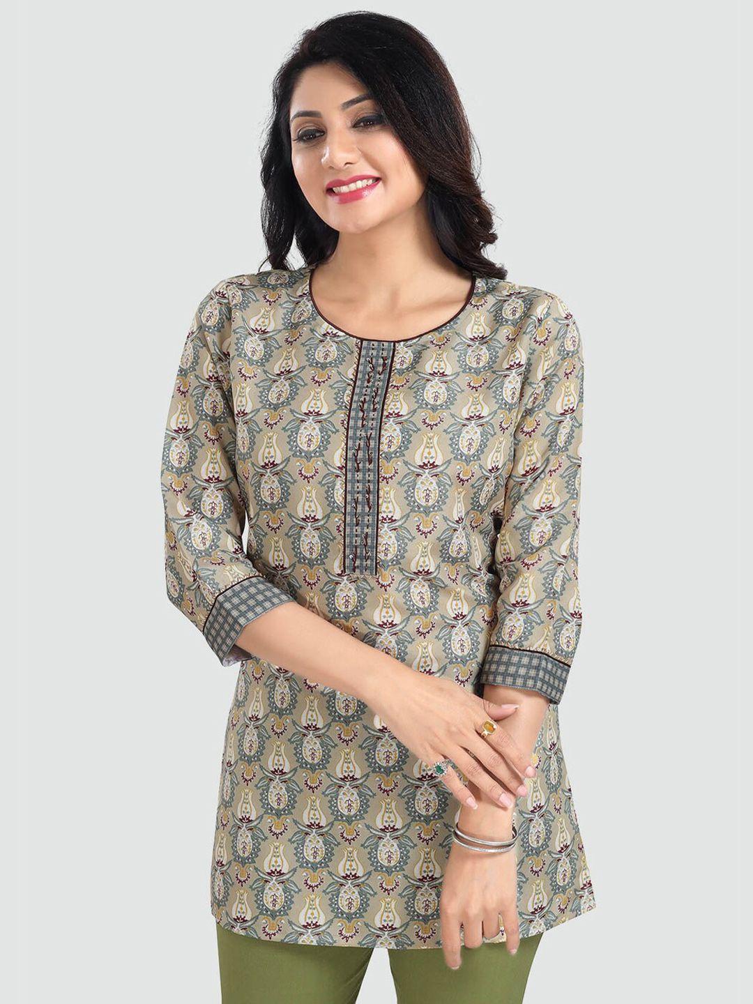 saree swarg green & yellow geometric printed kurti