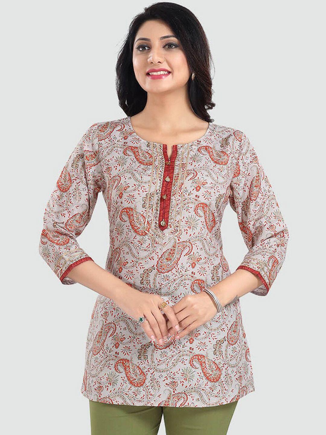 saree swarg cream-coloured & red paisley printed kurti