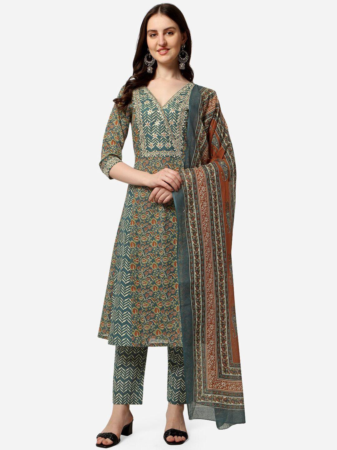 mirchi fashion women teal ethnic motifs printed gotta patti kurti with trousers & with dupatta