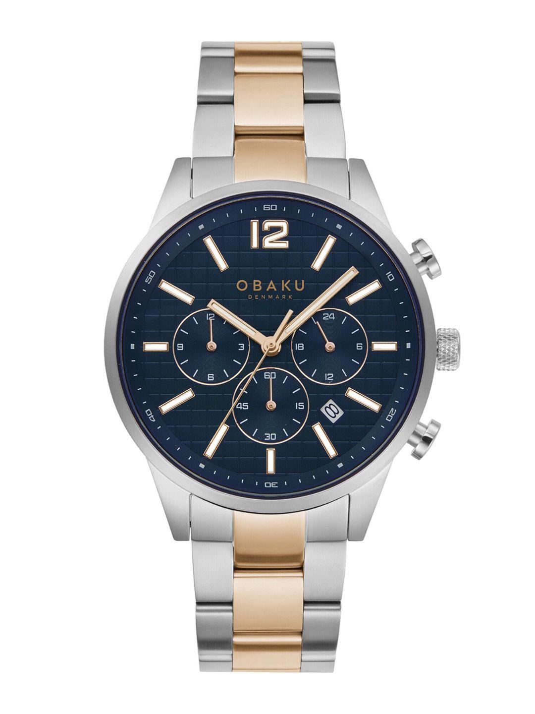 obaku men blue brass embellished dial & multicoloured stainless steel bracelet style straps analogue watch