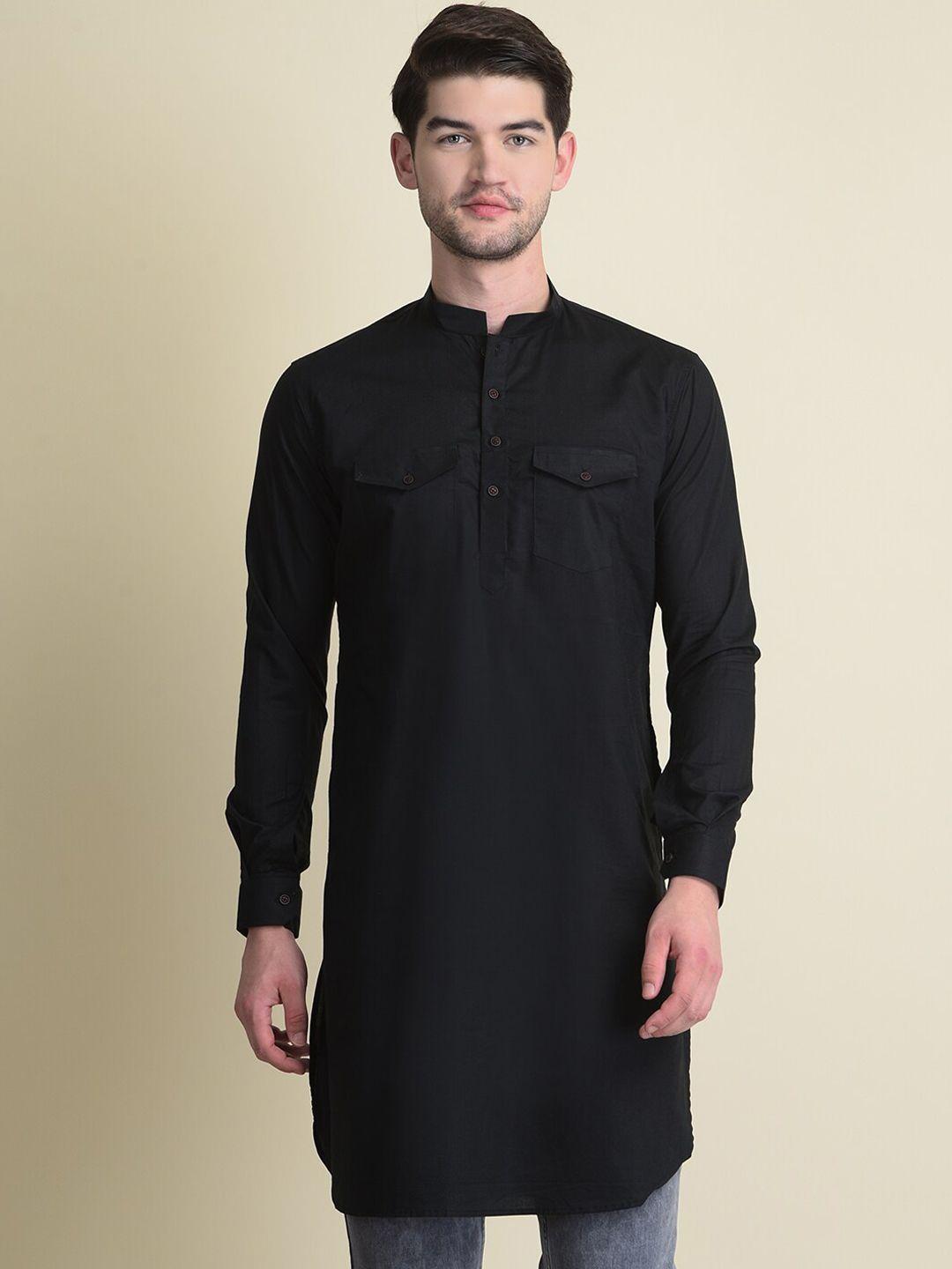 namaskar men black cotton solid pathani kurta